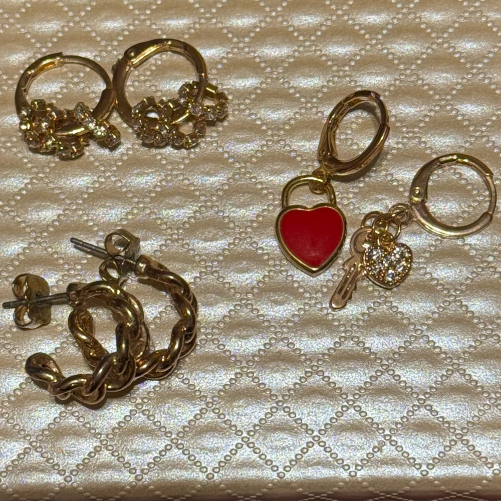 Gold and Red Heart Charm Earrings